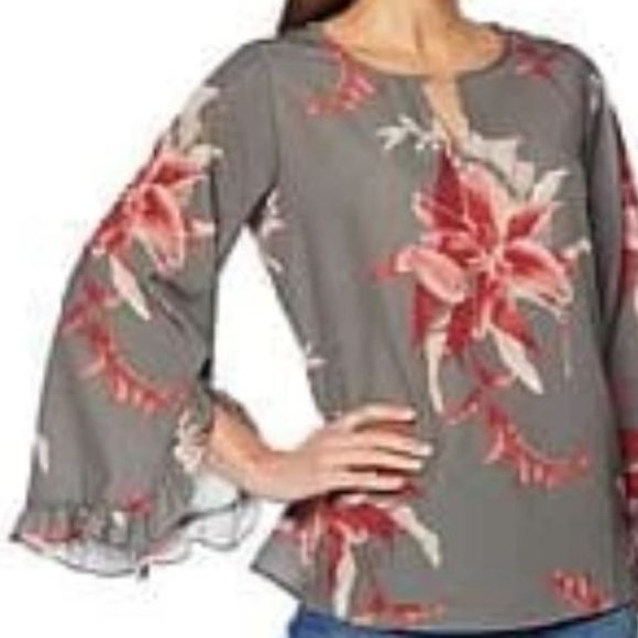 NWT DG2 by Diane Gilman Gray Floral Ruffle Blouse - Picture 5 of 5